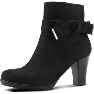 NWT Women's Ankle Booties Bowknot Square Buckle Black Bow Suede Chunky Heel Zip